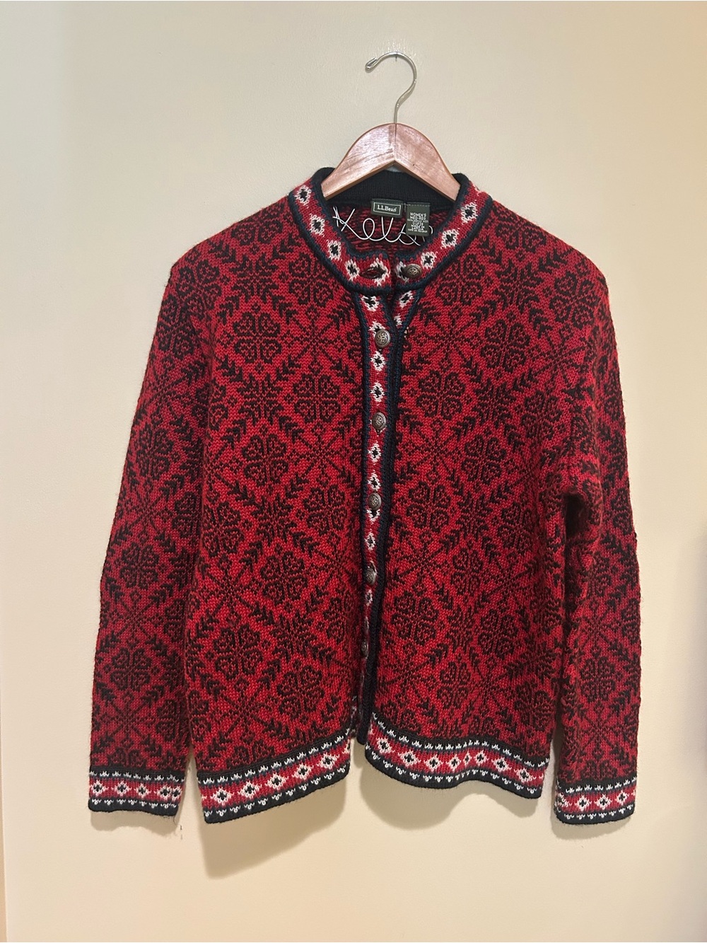 L.L. Bean Merino Wool Nordic Fair Isle Cardigan Sweater Red Black Women M 0UF39 - Picture 2 of 7